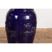 Large Antique 19th Century Thai Cobalt Blue Martaban Jar with Raised Motifs