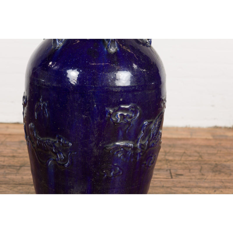 Large Antique 19th Century Thai Cobalt Blue Martaban Jar with Raised Motifs-6. Asian & Chinese Furniture, Art, Antiques, Vintage Home Décor for sale at FEA Home