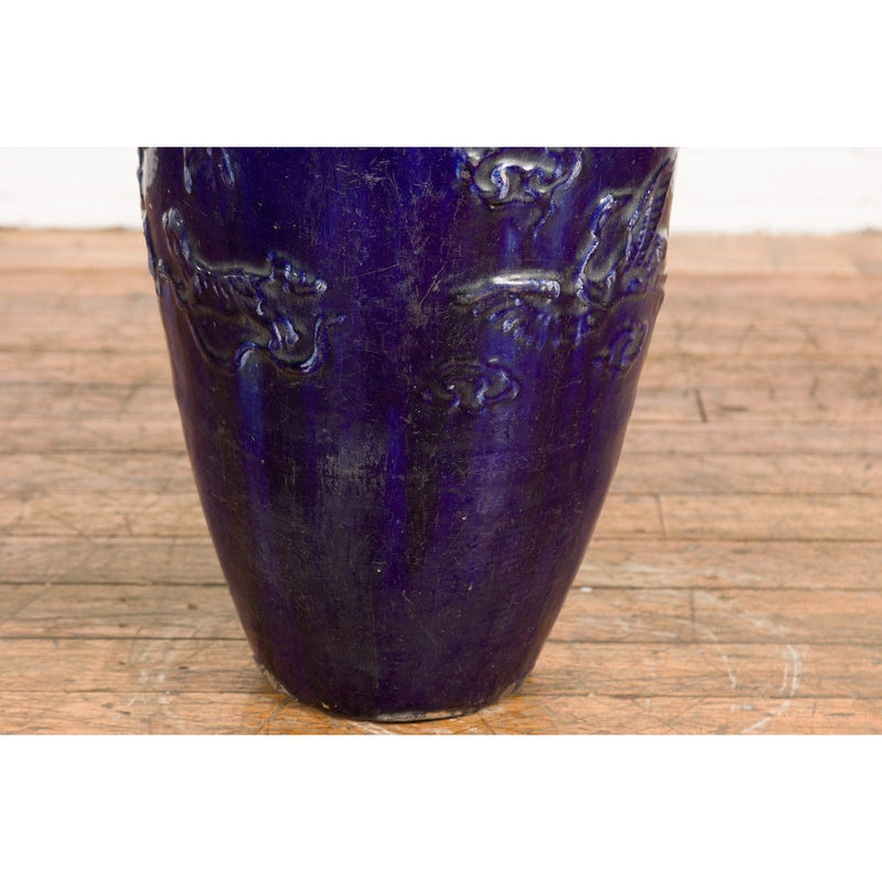 Large Antique 19th Century Thai Cobalt Blue Martaban Jar with Raised Motifs-7. Asian & Chinese Furniture, Art, Antiques, Vintage Home Décor for sale at FEA Home