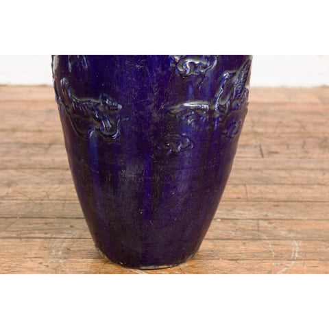 Large Antique 19th Century Thai Cobalt Blue Martaban Jar with Raised Motifs-7. Asian & Chinese Furniture, Art, Antiques, Vintage Home Décor for sale at FEA Home