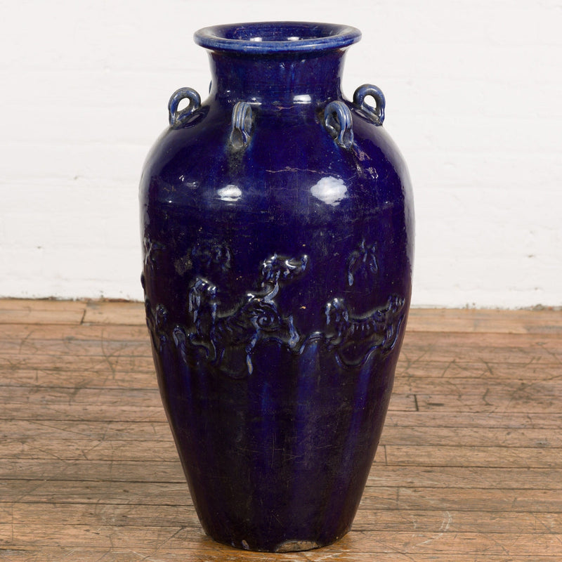 Large Antique 19th Century Thai Cobalt Blue Martaban Jar with Raised Motifs-9. Asian & Chinese Furniture, Art, Antiques, Vintage Home Décor for sale at FEA Home