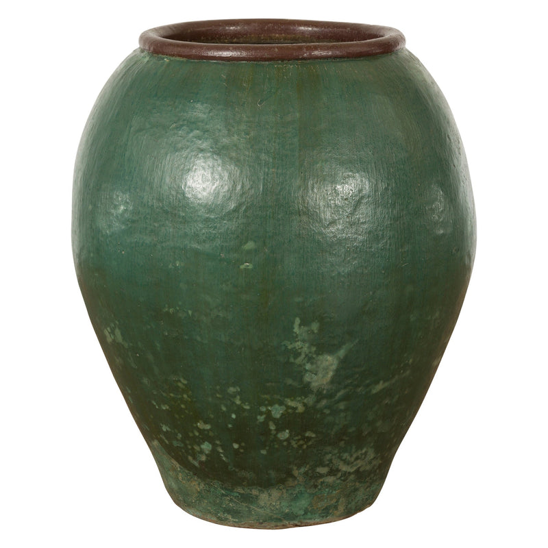 Buy-this-Large Thai 1950s Green Glazed Ceramic Planter with Brown Lip and Tapering Body-image-position-1-style-YN7743-Shop-for-Vintage-and-Antique-Asian-and-Chinese-Furniture-for-sale-at-FEA Home-NYC