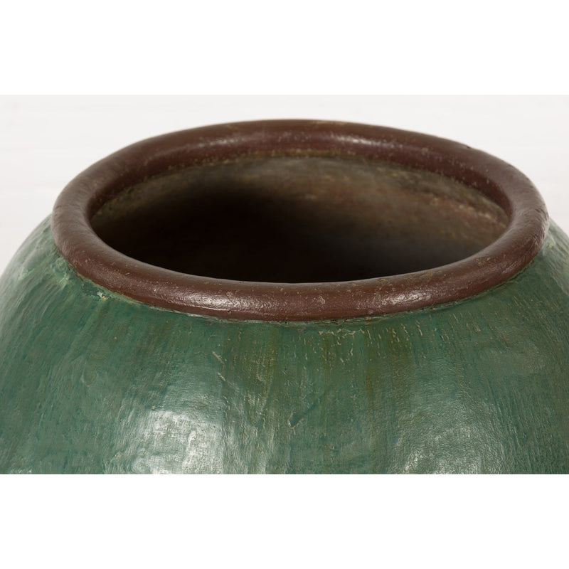 Large Thai 1950s Green Glazed Ceramic Planter with Brown Lip and Tapering Body-YN7743-10. Asian & Chinese Furniture, Art, Antiques, Vintage Home Décor for sale at FEA Home