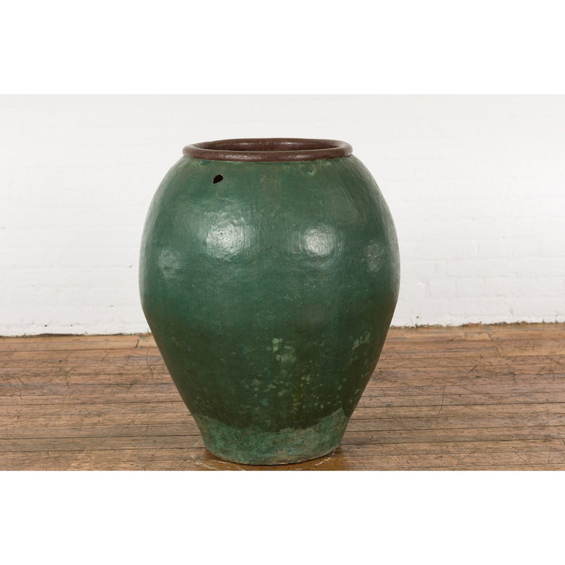 Buy-this-Large Thai 1950s Green Glazed Ceramic Planter with Brown Lip and Tapering Body-image-position-11-style-YN7743-Shop-for-Vintage-and-Antique-Asian-and-Chinese-Furniture-for-sale-at-FEA Home-NYC