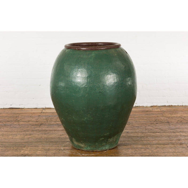 Large Thai 1950s Green Glazed Ceramic Planter with Brown Lip and Tapering Body-YN7743-12. Asian & Chinese Furniture, Art, Antiques, Vintage Home Décor for sale at FEA Home