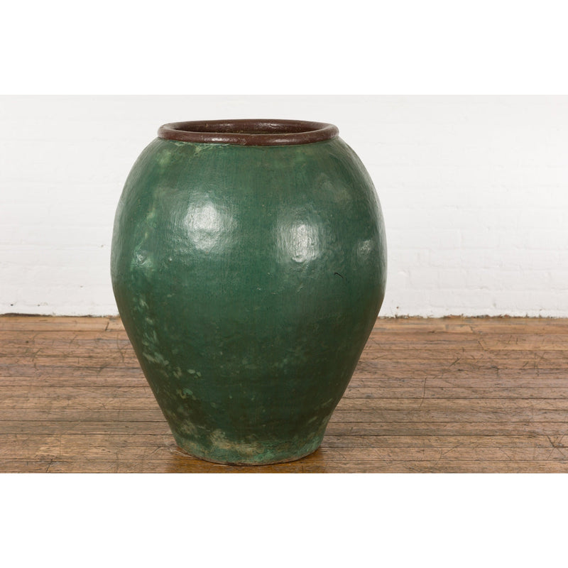 Large Thai 1950s Green Glazed Ceramic Planter with Brown Lip and Tapering Body-YN7743-13. Asian & Chinese Furniture, Art, Antiques, Vintage Home Décor for sale at FEA Home