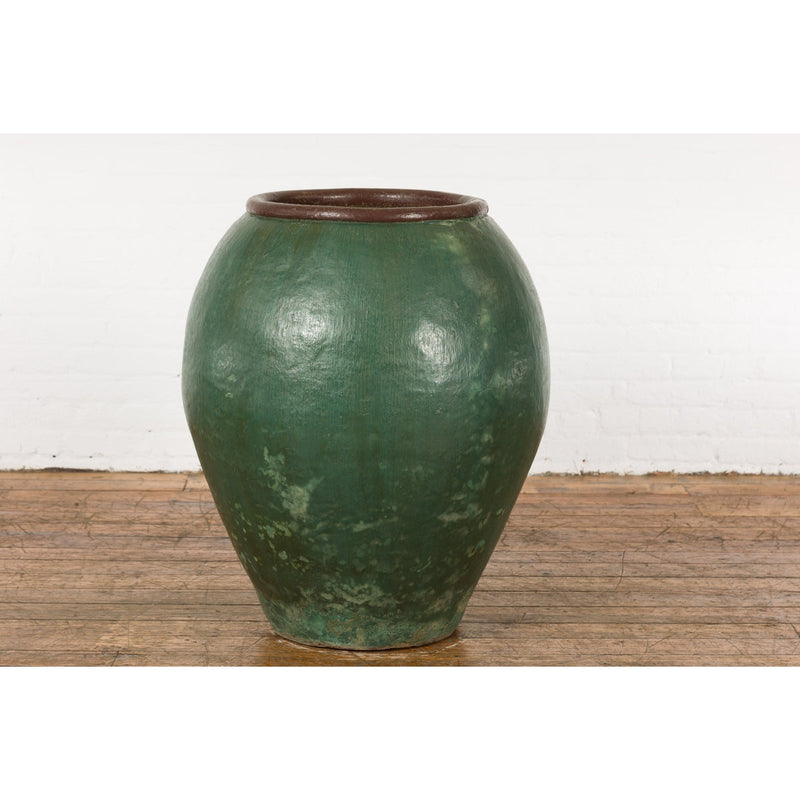 Large Thai 1950s Green Glazed Ceramic Planter with Brown Lip and Tapering Body-YN7743-14. Asian & Chinese Furniture, Art, Antiques, Vintage Home Décor for sale at FEA Home
