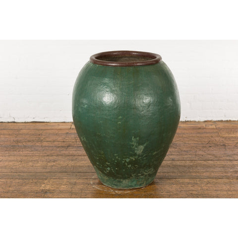 Large Thai 1950s Green Glazed Ceramic Planter with Brown Lip and Tapering Body-YN7743-2. Asian & Chinese Furniture, Art, Antiques, Vintage Home Décor for sale at FEA Home