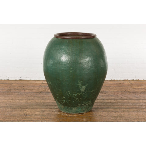 Large Thai 1950s Green Glazed Ceramic Planter with Brown Lip and Tapering Body-YN7743-3. Asian & Chinese Furniture, Art, Antiques, Vintage Home Décor for sale at FEA Home