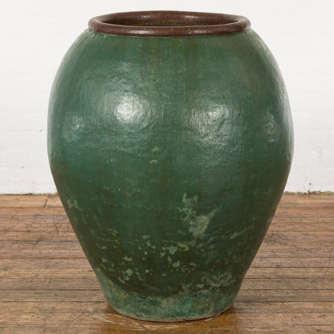 Buy-this-Large Thai 1950s Green Glazed Ceramic Planter with Brown Lip and Tapering Body-image-position-5-style-YN7743-Shop-for-Vintage-and-Antique-Asian-and-Chinese-Furniture-for-sale-at-FEA Home-NYC