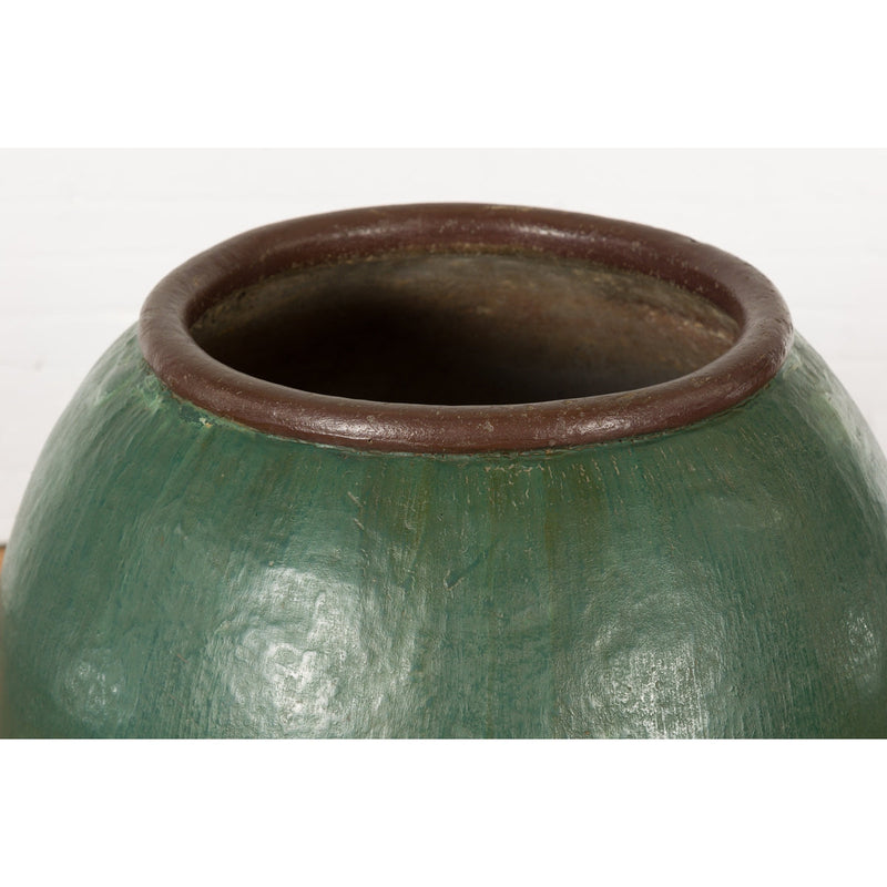 Large Thai 1950s Green Glazed Ceramic Planter with Brown Lip and Tapering Body-YN7743-6. Asian & Chinese Furniture, Art, Antiques, Vintage Home Décor for sale at FEA Home
