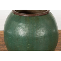 Large Thai 1950s Green Glazed Ceramic Planter with Brown Lip and Tapering Body