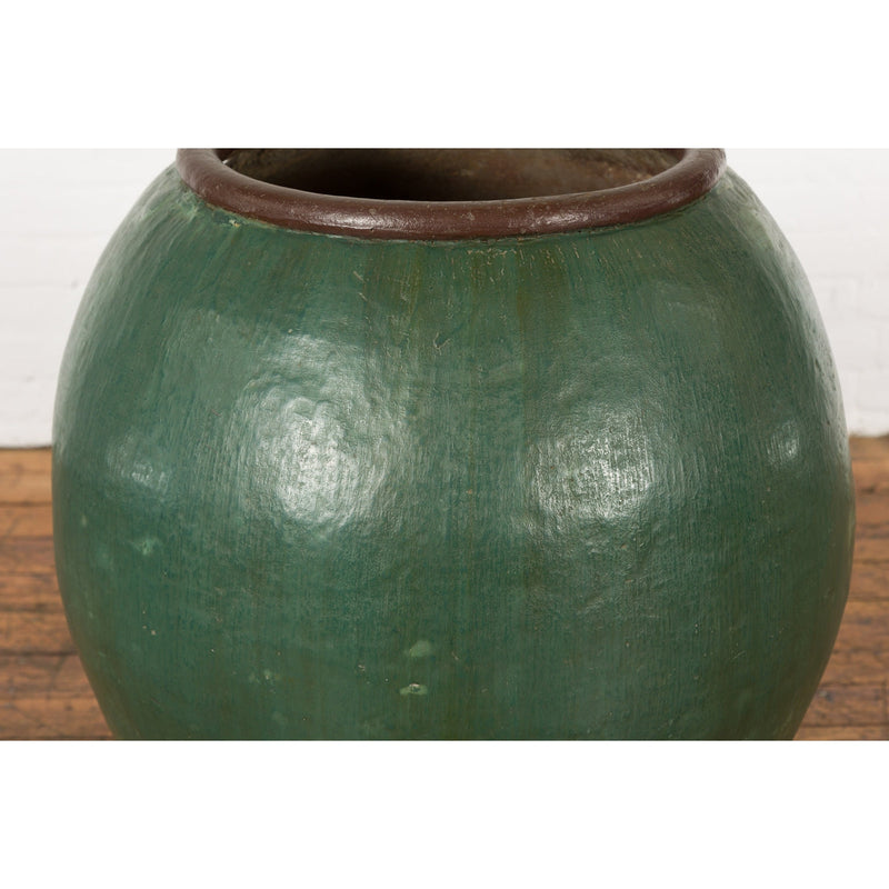 Large Thai 1950s Green Glazed Ceramic Planter with Brown Lip and Tapering Body-YN7743-7. Asian & Chinese Furniture, Art, Antiques, Vintage Home Décor for sale at FEA Home