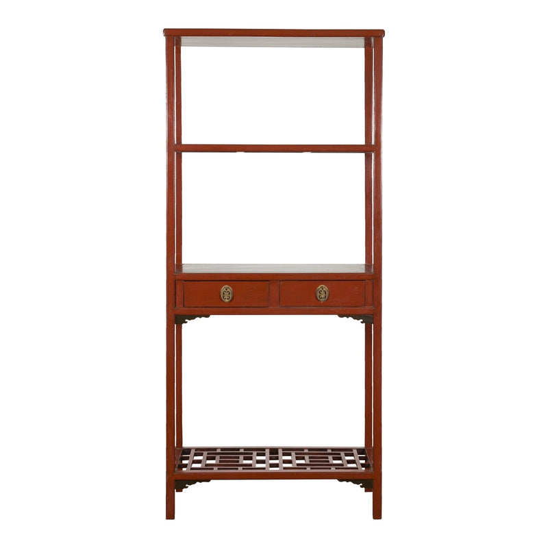 Late Qing Dynasty Period Open Bookshelf with Drawers and Fretwork Shelf-YN2008-1. Asian & Chinese Furniture, Art, Antiques, Vintage Home Décor for sale at FEA Home