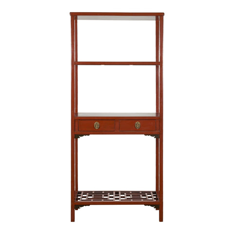 Late Qing Dynasty Period Open Bookshelf with Drawers and Fretwork Shelf