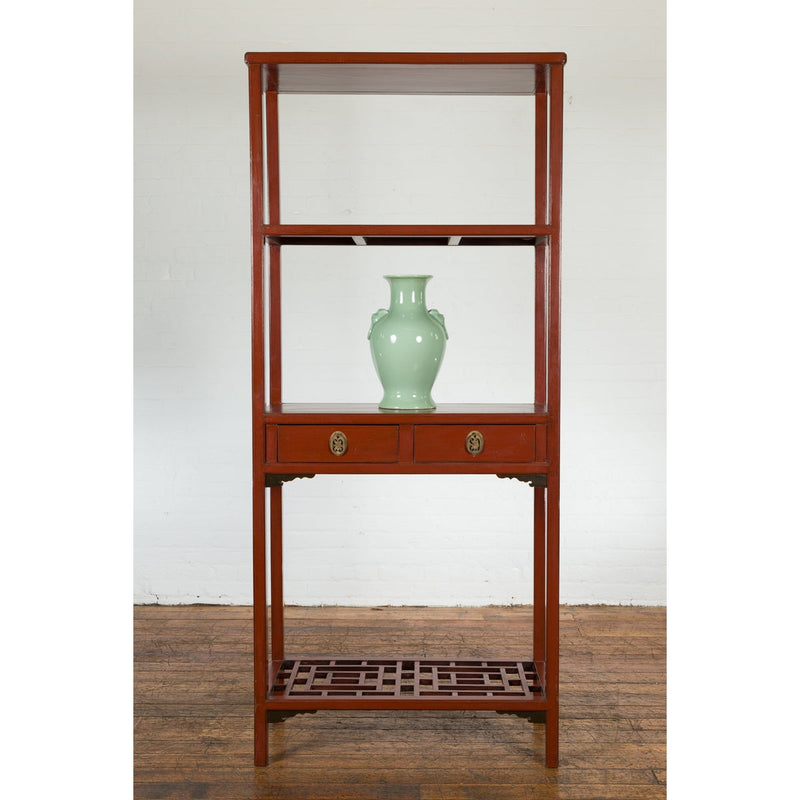 Late Qing Dynasty Period Open Bookshelf with Drawers and Fretwork Shelf-YN2008-4. Asian & Chinese Furniture, Art, Antiques, Vintage Home Décor for sale at FEA Home