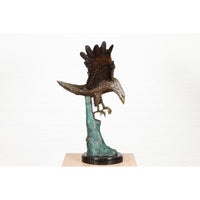 Life-Size Bronze Sculpture of a Diving Eagle on Black Marble Base
