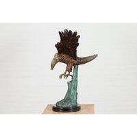 Life-Size Bronze Sculpture of a Diving Eagle on Black Marble Base