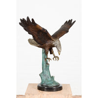 Life-Size Bronze Sculpture of a Diving Eagle on Black Marble Base
