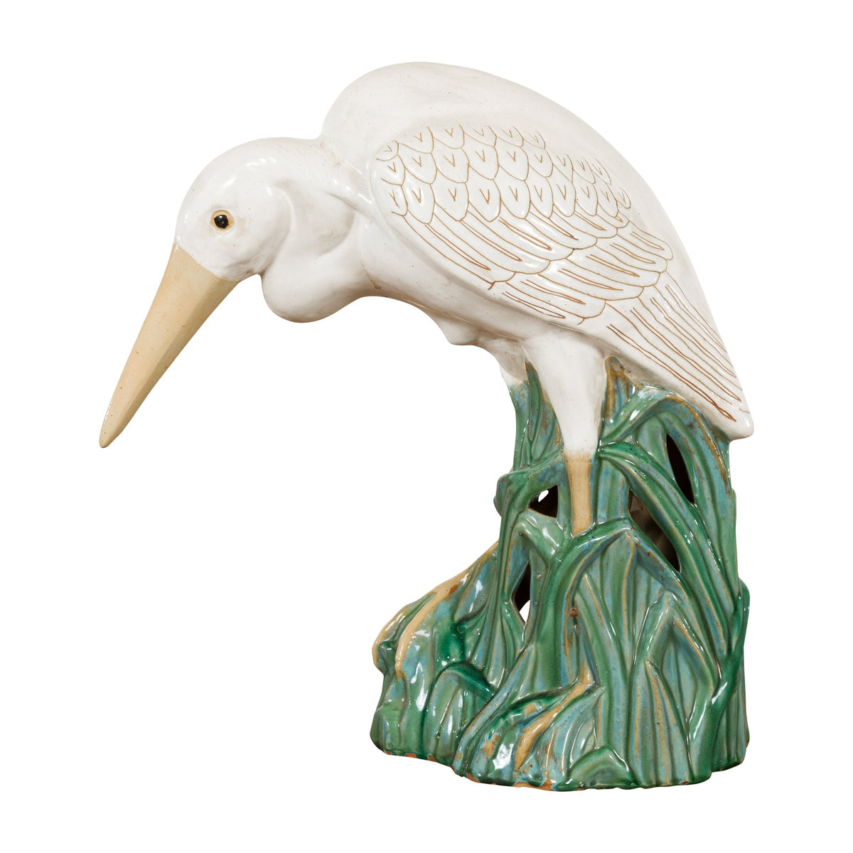 Lifesize Chinese Vintage White and Cream Glazed Ceramic Heron Bird Sculpture-1. Asian & Chinese Furniture, Art, Antiques, Vintage Home Décor for sale at FEA Home