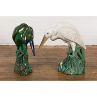 Lifesize Chinese Vintage White and Cream Glazed Ceramic Heron Bird Sculpture