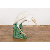 Lifesize Chinese Vintage White and Cream Glazed Ceramic Heron Bird Sculpture