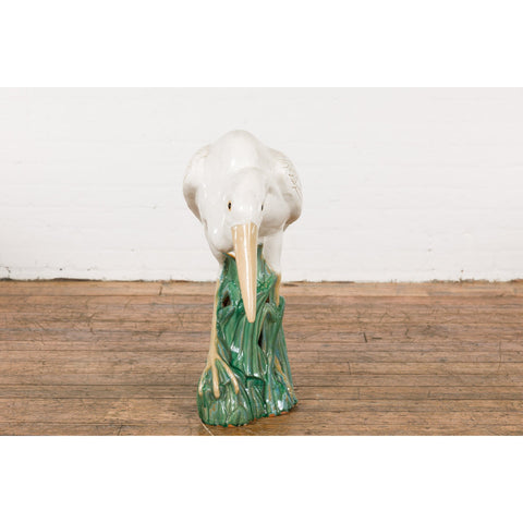 Lifesize Chinese Vintage White and Cream Glazed Ceramic Heron Bird Sculpture-YN7793-15. Asian & Chinese Furniture, Art, Antiques, Vintage Home Décor for sale at FEA Home