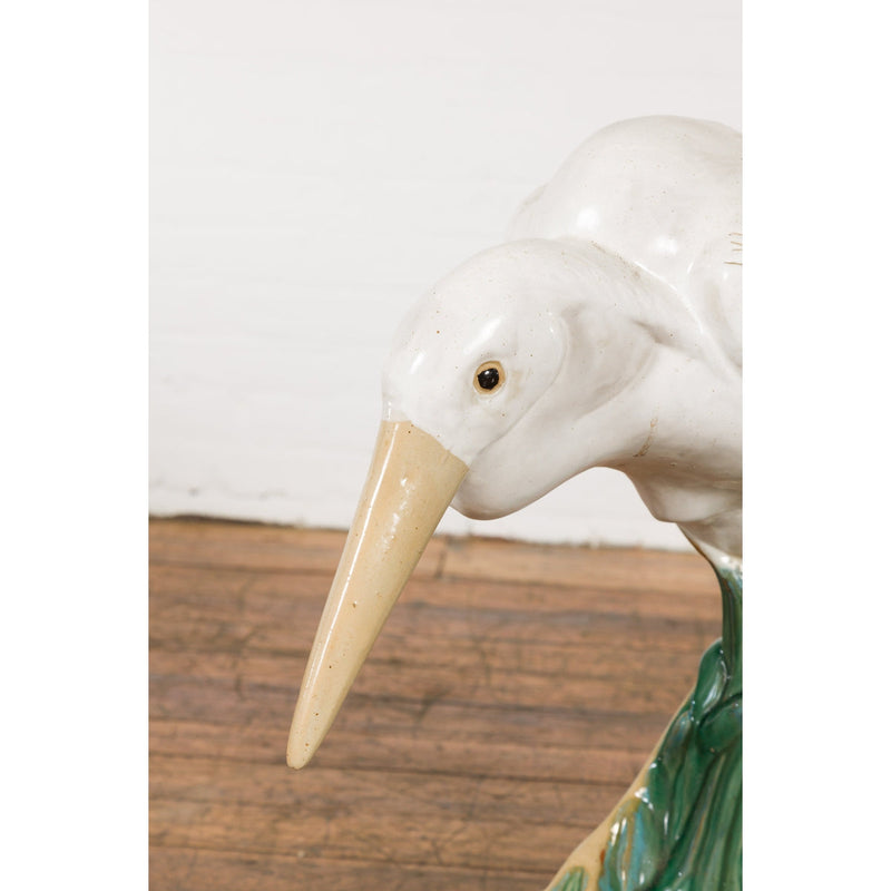 Lifesize Chinese Vintage White and Cream Glazed Ceramic Heron Bird Sculpture-YN7793-16. Asian & Chinese Furniture, Art, Antiques, Vintage Home Décor for sale at FEA Home