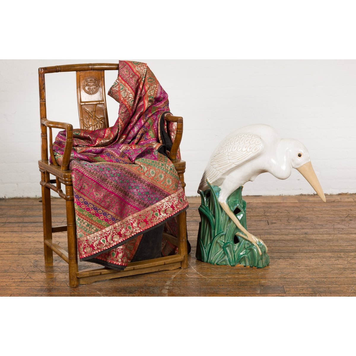 Lifesize Chinese Vintage White and Cream Glazed Ceramic Heron Bird Sculpture-2. Asian & Chinese Furniture, Art, Antiques, Vintage Home Décor for sale at FEA Home