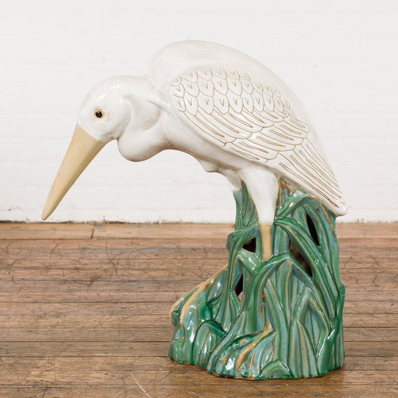 Lifesize Chinese Vintage White and Cream Glazed Ceramic Heron Bird Sculpture-YN7793-3. Asian & Chinese Furniture, Art, Antiques, Vintage Home Décor for sale at FEA Home