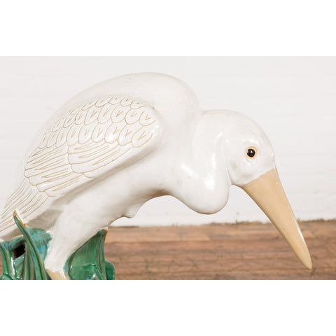 Lifesize Chinese Vintage White and Cream Glazed Ceramic Heron Bird Sculpture-YN7793-4. Asian & Chinese Furniture, Art, Antiques, Vintage Home Décor for sale at FEA Home