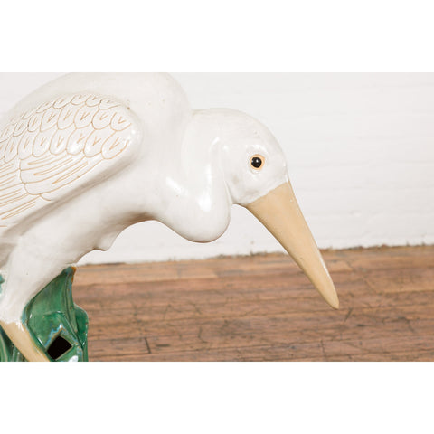 Lifesize Chinese Vintage White and Cream Glazed Ceramic Heron Bird Sculpture-YN7793-5. Asian & Chinese Furniture, Art, Antiques, Vintage Home Décor for sale at FEA Home