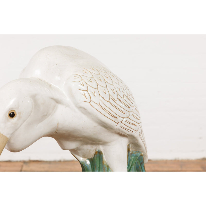 Lifesize Chinese Vintage White and Cream Glazed Ceramic Heron Bird Sculpture-YN7793-8. Asian & Chinese Furniture, Art, Antiques, Vintage Home Décor for sale at FEA Home