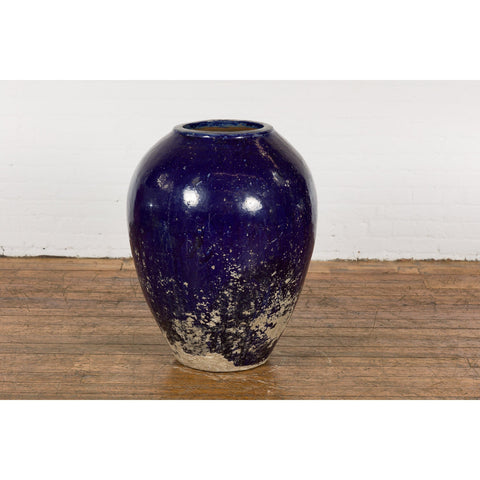 Oversized Antique Thai Cobalt Blue Glazed Water Vessel with Tapering Lines-11. Asian & Chinese Furniture, Art, Antiques, Vintage Home Décor for sale at FEA Home