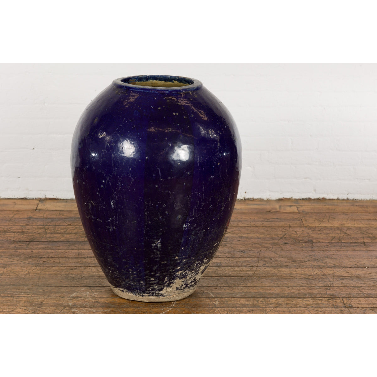 Oversized Antique Thai Cobalt Blue Glazed Water Vessel with Tapering Lines-4. Asian &amp; Chinese Furniture, Art, Antiques, Vintage Home Décor for sale at FEA Home