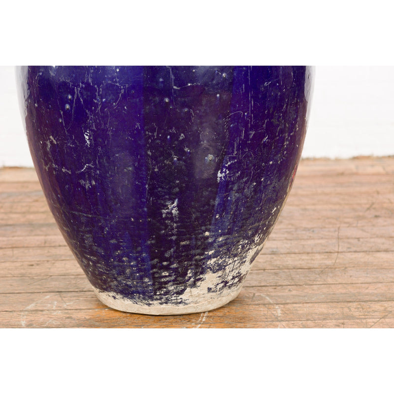 Oversized Antique Thai Cobalt Blue Glazed Water Vessel with Tapering Lines-8. Asian & Chinese Furniture, Art, Antiques, Vintage Home Décor for sale at FEA Home
