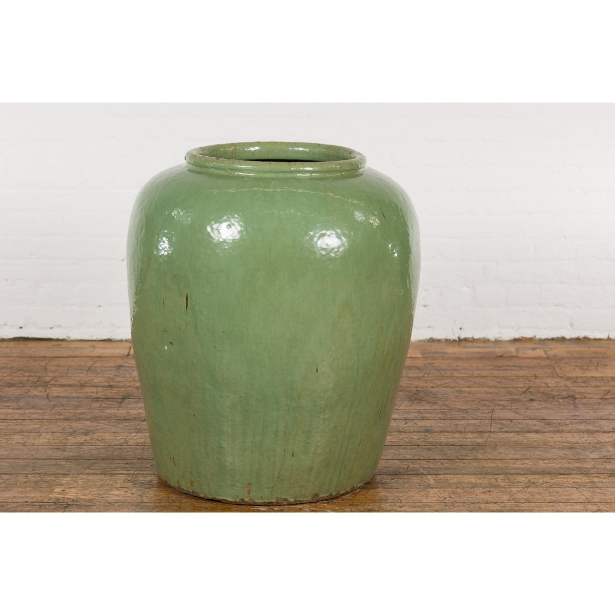 Oversized Vintage Chinese Celadon Glazed Water Vessel with Tapering Lines-10. Asian &amp; Chinese Furniture, Art, Antiques, Vintage Home Décor for sale at FEA Home