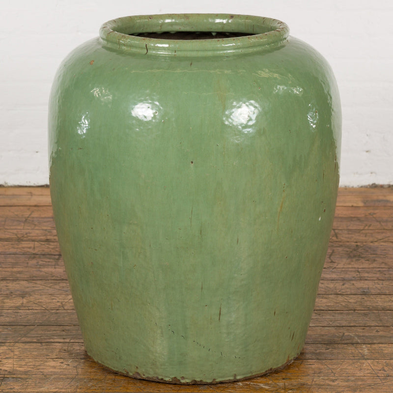 Oversized Vintage Chinese Celadon Glazed Water Vessel with Tapering Lines-YN7748-2. Asian & Chinese Furniture, Art, Antiques, Vintage Home Décor for sale at FEA Home