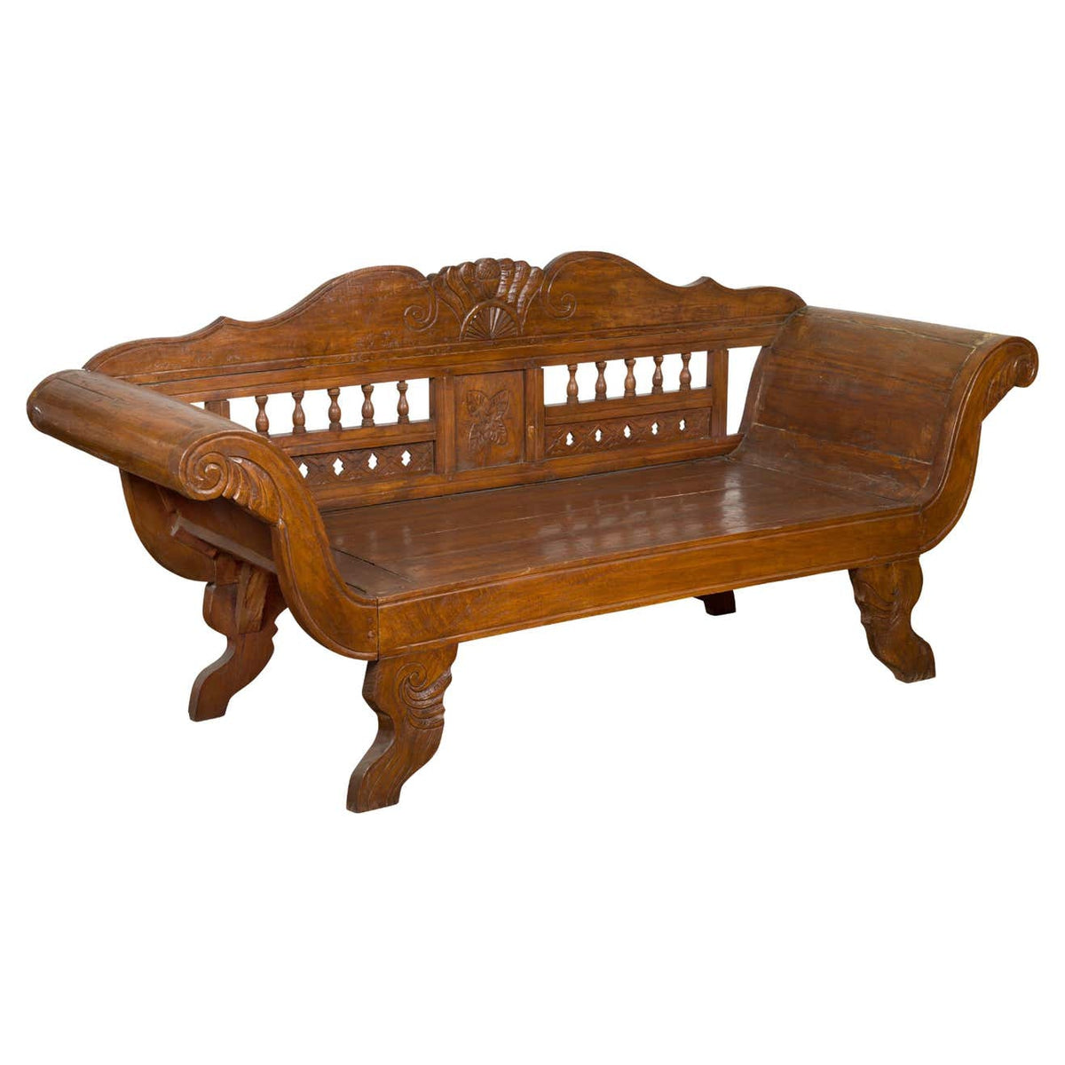 Plantation Javanese Teak Settee with Carved Décor and Out-Scrolling Arms-1. Asian & Chinese Furniture, Art, Antiques, Vintage Home Décor for sale at FEA Home