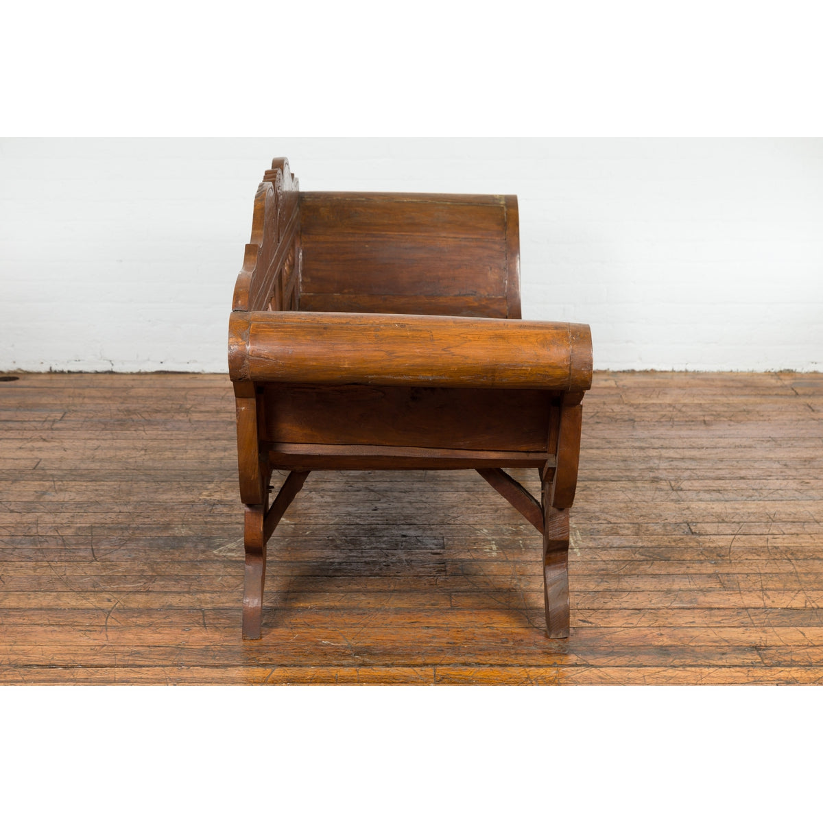 Plantation Javanese Teak Settee with Carved Décor and Out-Scrolling Arms-10. Asian &amp; Chinese Furniture, Art, Antiques, Vintage Home Décor for sale at FEA Home