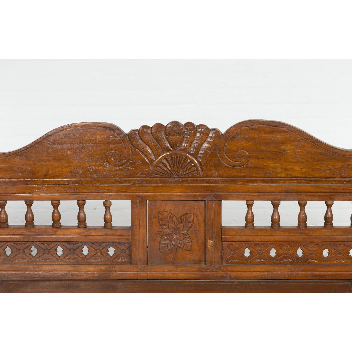 Plantation Javanese Teak Settee with Carved Décor and Out-Scrolling Arms-13. Asian &amp; Chinese Furniture, Art, Antiques, Vintage Home Décor for sale at FEA Home