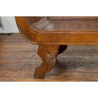 Plantation Javanese Teak Settee with Carved Décor and Out-Scrolling Arms