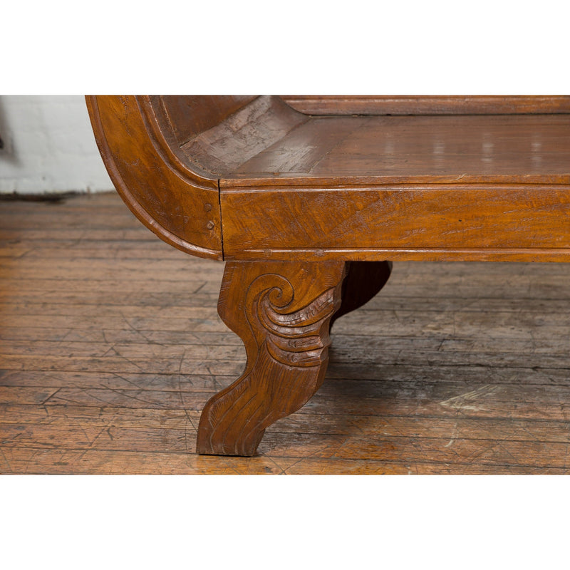 Plantation Javanese Teak Settee with Carved Décor and Out-Scrolling Arms-16. Asian & Chinese Furniture, Art, Antiques, Vintage Home Décor for sale at FEA Home