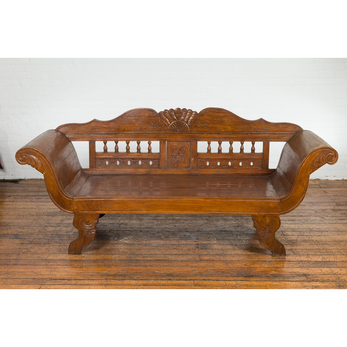 Plantation Javanese Teak Settee with Carved Décor and Out-Scrolling Arms-2. Asian & Chinese Furniture, Art, Antiques, Vintage Home Décor for sale at FEA Home