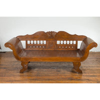 Plantation Javanese Teak Settee with Carved Décor and Out-Scrolling Arms
