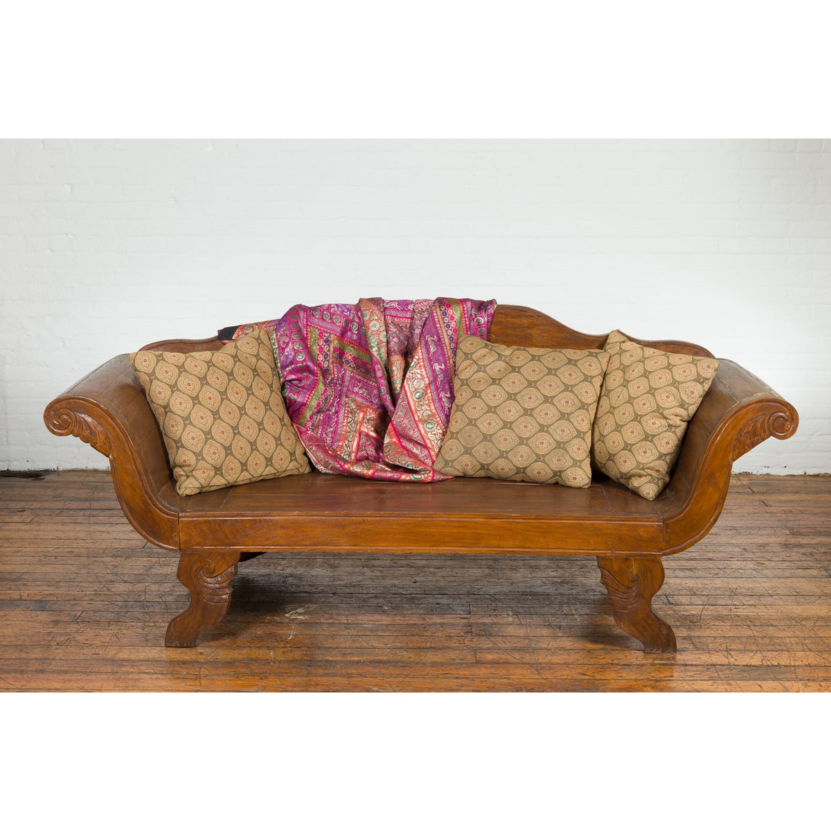 Plantation Javanese Teak Settee with Carved Décor and Out-Scrolling Arms-4. Asian &amp; Chinese Furniture, Art, Antiques, Vintage Home Décor for sale at FEA Home