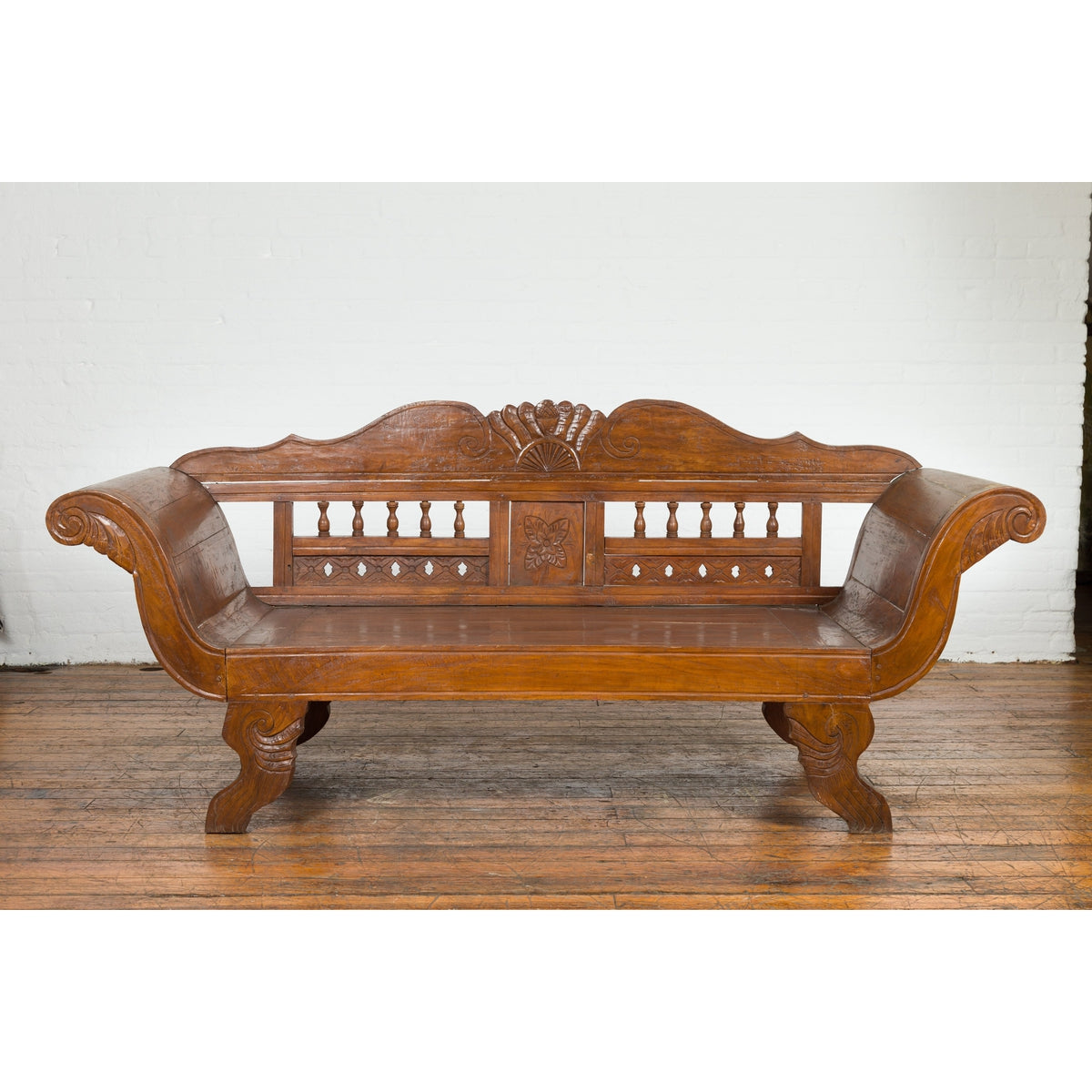 Plantation Javanese Teak Settee with Carved Décor and Out-Scrolling Arms-5. Asian &amp; Chinese Furniture, Art, Antiques, Vintage Home Décor for sale at FEA Home