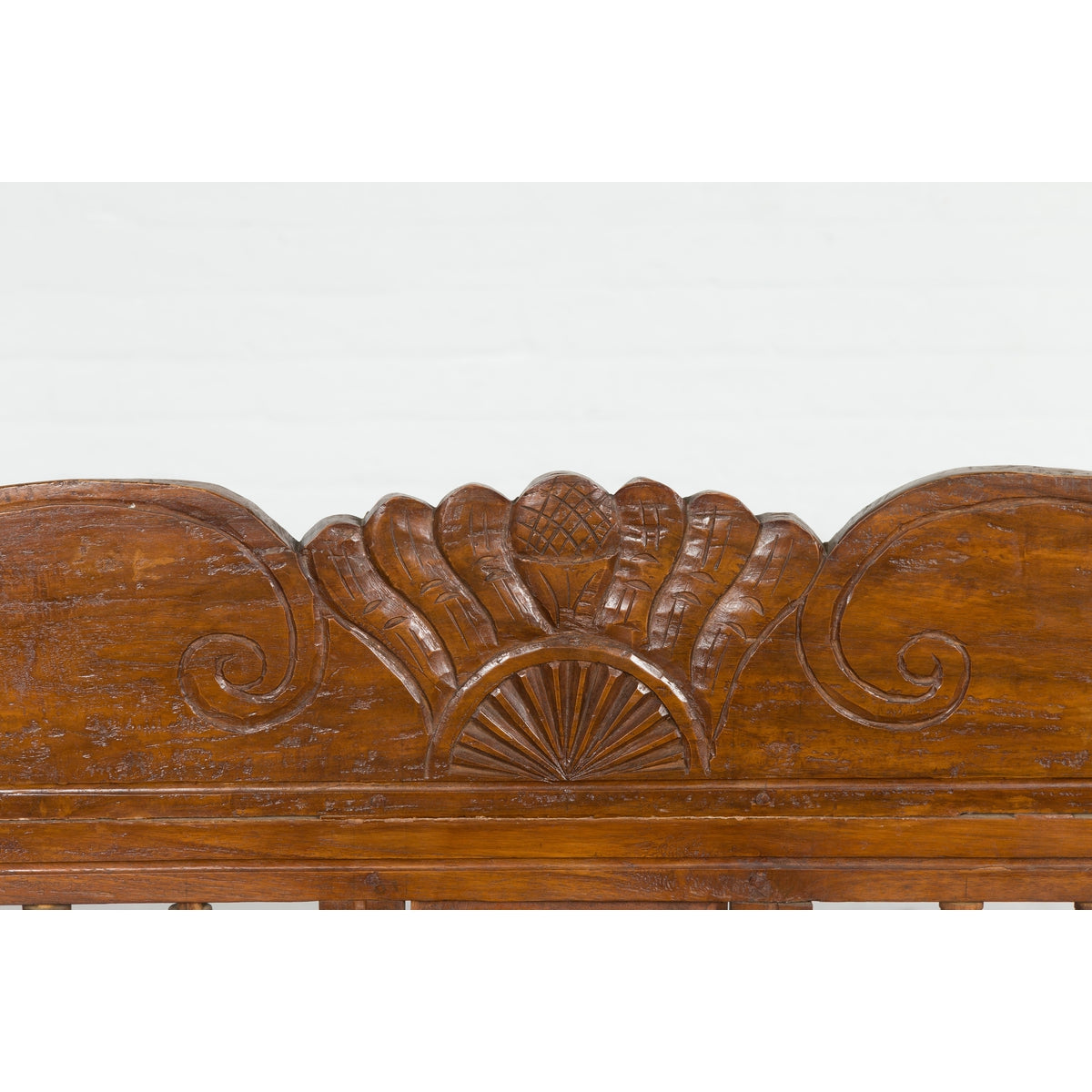 Plantation Javanese Teak Settee with Carved Décor and Out-Scrolling Arms-7. Asian &amp; Chinese Furniture, Art, Antiques, Vintage Home Décor for sale at FEA Home