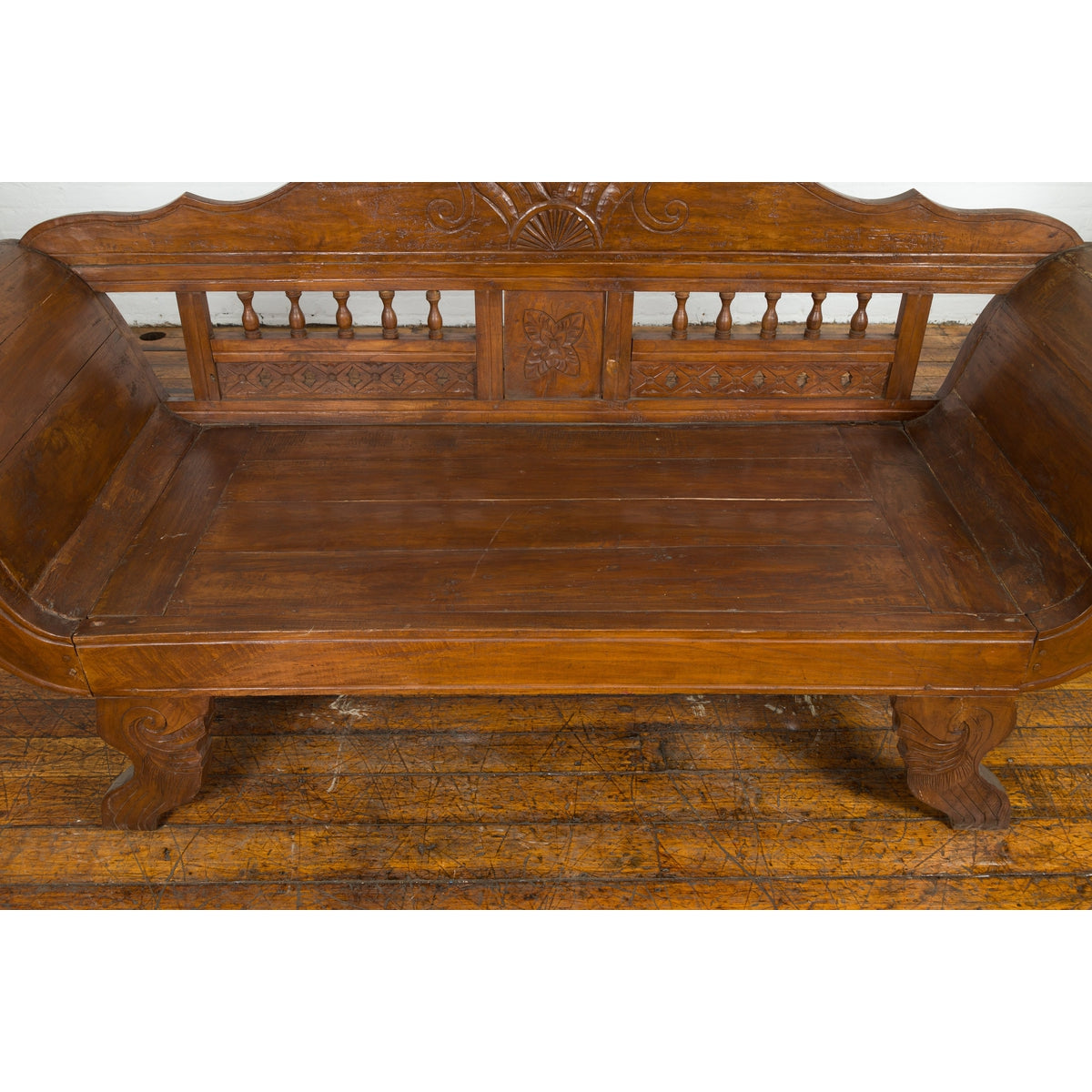 Plantation Javanese Teak Settee with Carved Décor and Out-Scrolling Arms-8. Asian &amp; Chinese Furniture, Art, Antiques, Vintage Home Décor for sale at FEA Home