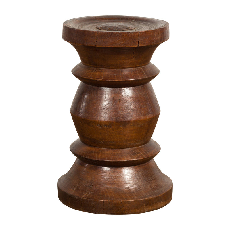 Rustic Indonesian 19th Century Solid Wood Turned Stool with Brown Patina-YN7700-1. Asian & Chinese Furniture, Art, Antiques, Vintage Home Décor for sale at FEA Home